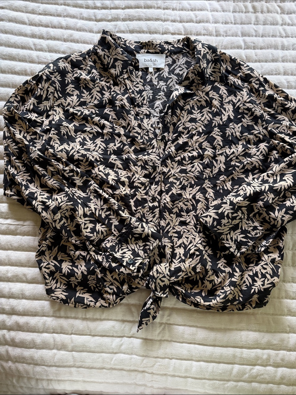 ba&sh Black Blouse with Beige Leaf Print and Front Tie
